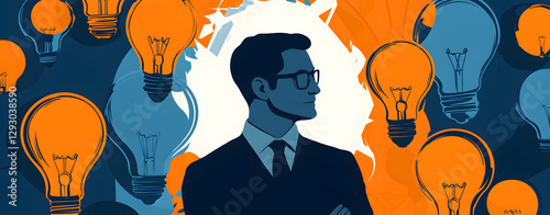 Innovative businessman surrounded by light bulbs representing ideas and creativity