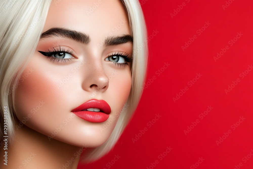 Fototapeta premium Platinum blonde model showing red lipstick and eyeliner makeup on red background
