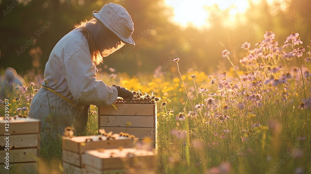 A beekeeper tending to beehives surrounded by wildflowers under soft morning light digital A beekeeper tending to beehives surrounded by wildflowers under soft morning light digital