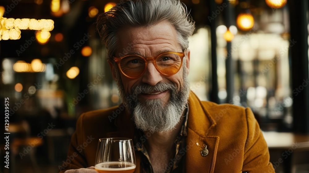 Mature Man with Glasses Smiling in a Bar Holding a Drink Mature Man with Glasses Smiling in a Bar Holding a Drink