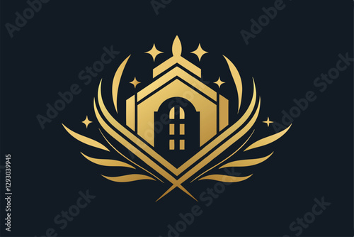The design showcases a sleek logo featuring a luxurious building silhouette and ornate details in gold, Design a minimalist logo for a luxury hotel chain that reflects luxury and comfort