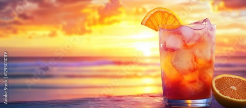 Vibrant sunset over the ocean with an ice-filled cocktail glass in the foreground, adorned with an orange slice and a serene beach backdrop.
