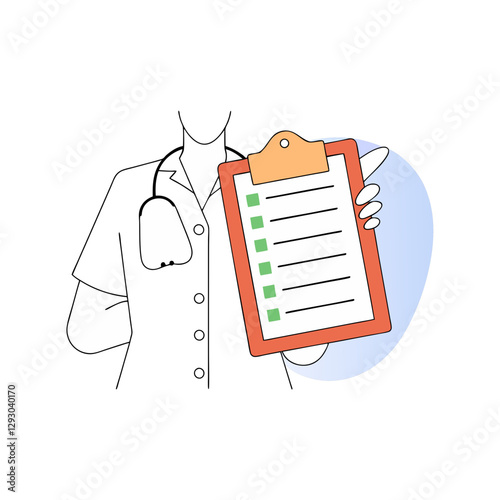 Vector illustration of a nurse holding a clipboard with a health checklist, symbolizing patient care, diagnosis, medical services, and healthcare management.