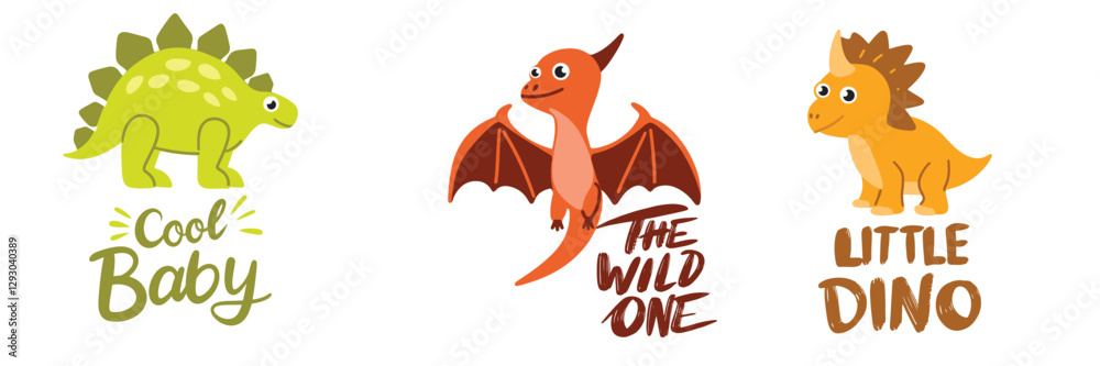 Cute Dinosaurs with text. Cool Baby, The Wild One, Little Dino. Hand drawn vector art. Cute Dinosaurs with text. Cool Baby, The Wild One, Little Dino. Hand drawn vector art.