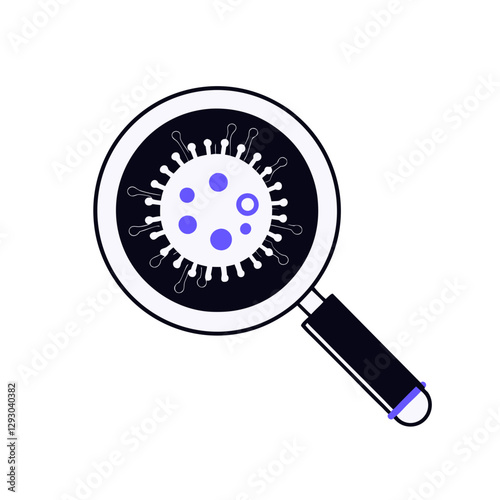 A digital vector illustration of a magnifying glass examining a virus, symbolizing microbiology, scientific research, and disease analysis.