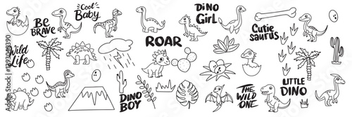 Collection of dinosaurs in doodle style. Hand drawn vector art