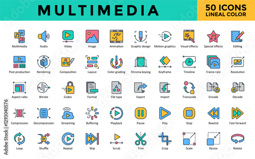 Multimedia icons set with multimedia, audio, video, image, animation, graphic design, motion graphics, visual effects, special effects, editing icon. Simple lineal color vector 
