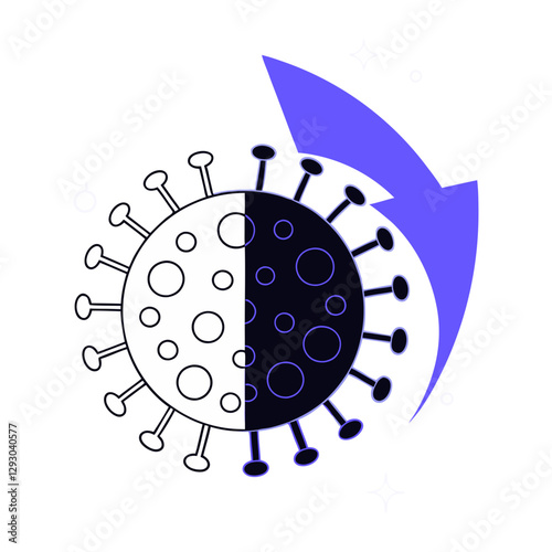 Virus mutation concept with a split black-and-white design and a blue arrow, symbolizing transformation and evolution in microbiology. Healthcare vector.