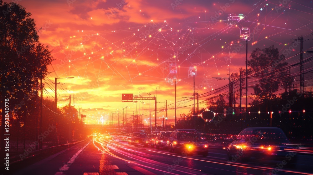 Fototapeta premium Urban traffic at sunset with interconnected network overlay.