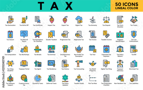 Tax icons set with tax declaration, tax write off, tax certificate, import tax, export tax, digital tax, tax amnesty, tax dispute, tax form checklist, tax treaty icon. Simple lineal color vector 

