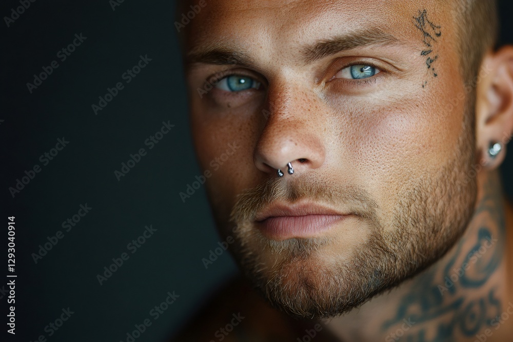 Obraz premium Portrait of tattooed man showing facial piercings and tattoos