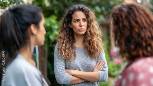 Woman with arms crossed listening to friends upset expression