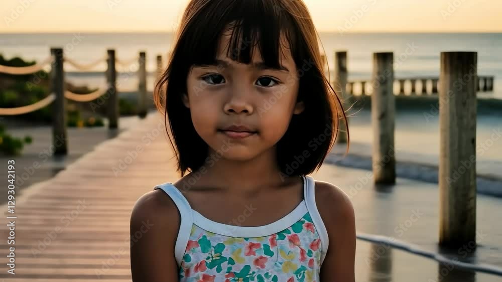 Young girl strolls along quaint boardwalk by ocean at golden sunset Young girl strolls along quaint boardwalk by ocean at golden sunset