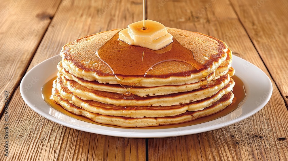 Stack of fluffy pancakes on a white plate with maple syrup drizzling down and a side of fresh berries Stack of fluffy pancakes on a white plate with maple syrup drizzling down and a side of fresh berries