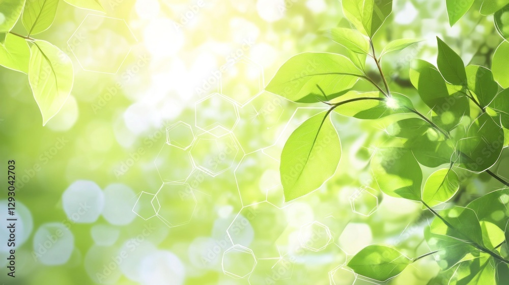 Abstract Fresh Green Leaves with Bokeh and Molecular Structures Abstract Fresh Green Leaves with Bokeh and Molecular Structures