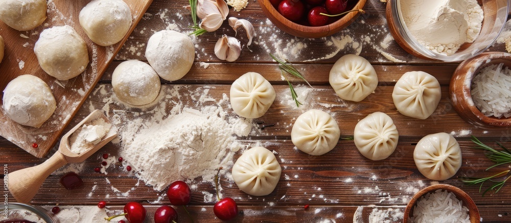 Closeup of uncooked cherry dumplings varenyky with flour, cherries, garlic on wooden table, overhead view highlighting raw ingredients and textures Closeup of uncooked cherry dumplings varenyky with flour, cherries, garlic on wooden table, overhead view highlighting raw ingredients and textures