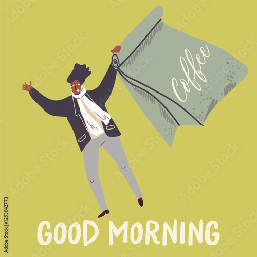 People enjoying coffee. The character of the guy waving a huge coffee package, package, good morning. Hand drawn Vector illustration.