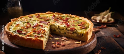 Wallpaper Mural Savory leek tart with crispy bacon and melted cheese sliced on a round wooden board with dark wood background and soft lighting highlights. Torontodigital.ca