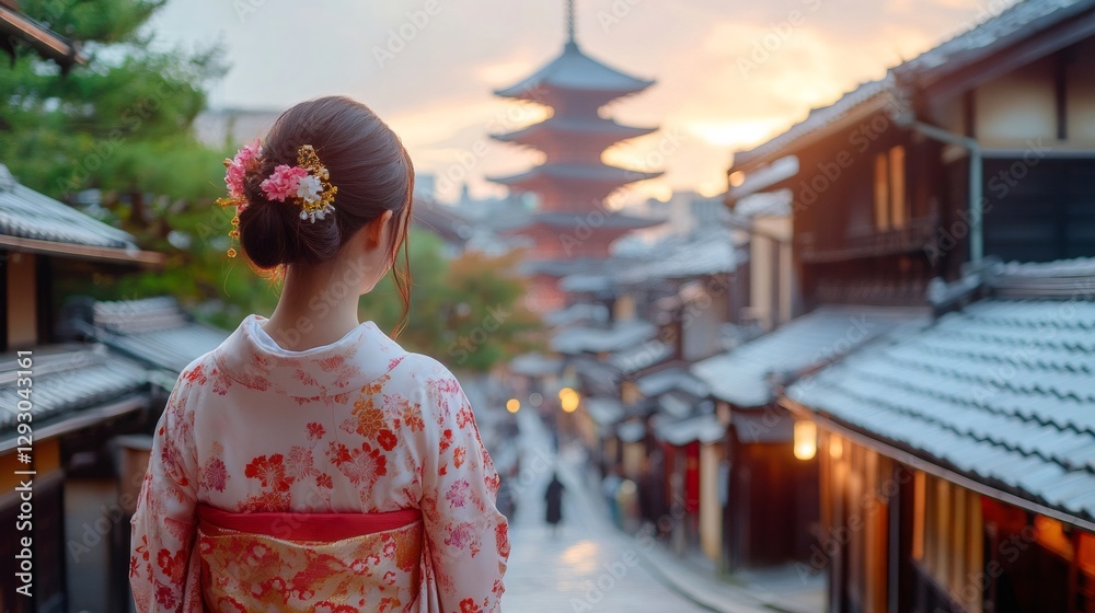 Geisha admiring yasaka pagoda during sunset in kyoto, japan Geisha admiring yasaka pagoda during sunset in kyoto, japan
