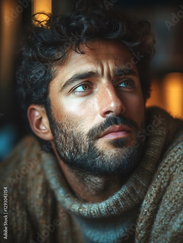 Pensive male model with curly hair and knitwear contemplating in warm light