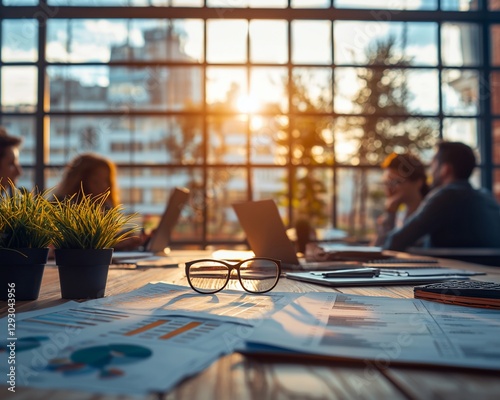 Office meeting, colleagues collaborating, sunset view.
