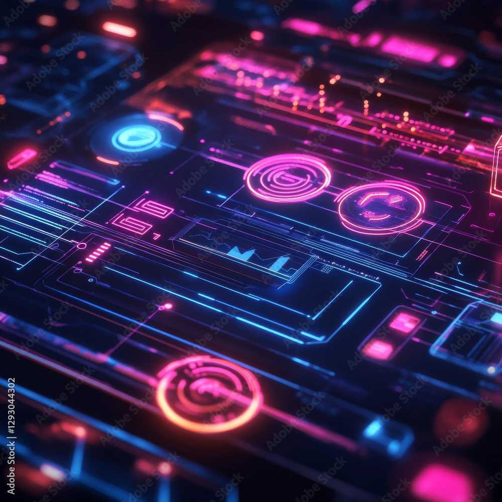 Obraz premium Futuristic digital interface with glowing neon elements and data visualization