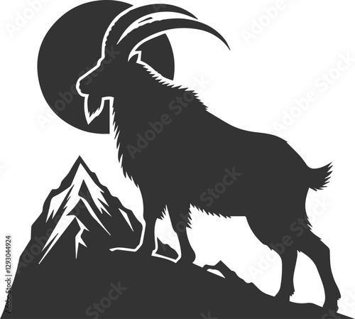 Goat standing on a peak, head turned to the side animal vector silhouette