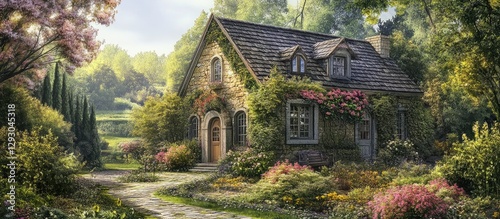 Charming rustic cottage surrounded by lush greenery and colorful flowers in a serene garden setting, soft sunlight filtering through trees