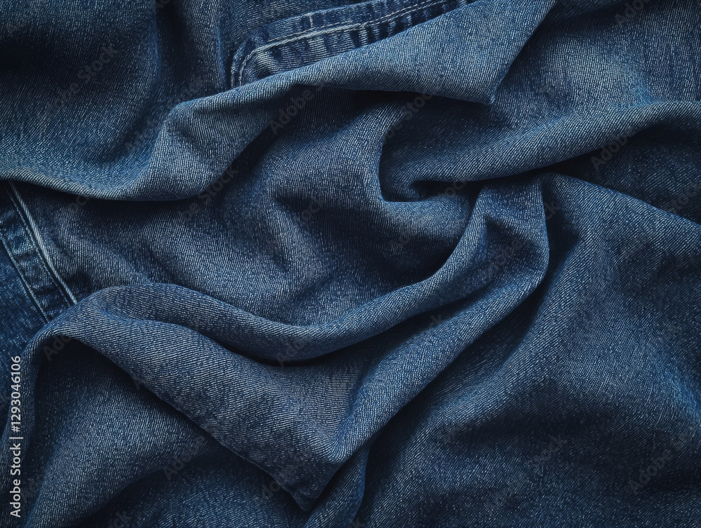 Soft denim fabric with intricate folds and textures, showcasing deep blue hues and casual vibe Soft denim fabric with intricate folds and textures, showcasing deep blue hues and casual vibe