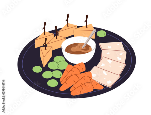 Cheese board. Plate with different delicatessen. Platter with delicious food, snacks, fresh fruits, berries for eating. Dairy products on tray. Flat isolated vector illustration on white background