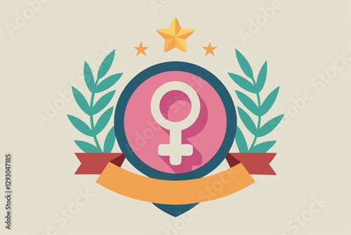 A creative emblem featuring a female symbol surrounded by leaves and stars for advocacy efforts, Develop a minimalist emblem for an NGO advocating for gender equality