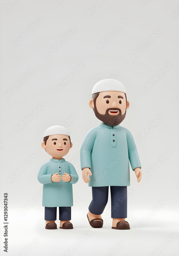 3D cartoon father and son walking to mosque for Friday prayer 3D cartoon father and son walking to mosque for Friday prayer