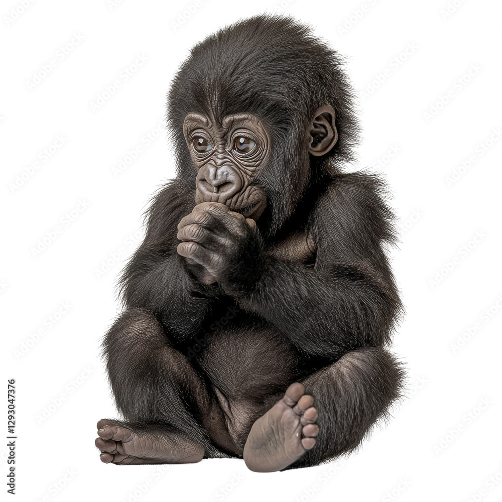 Playful young gorilla against Transparent background in soft light