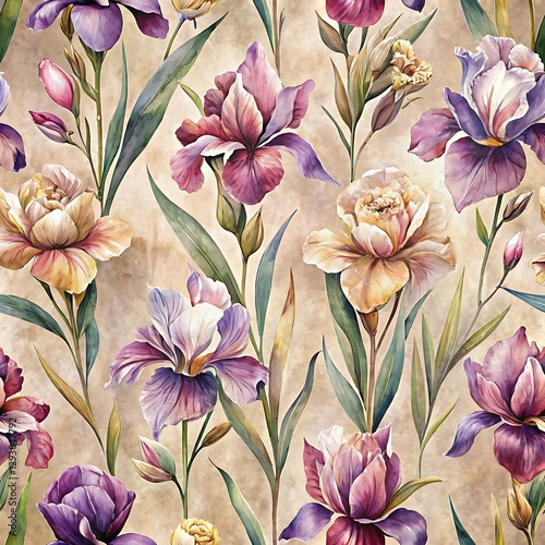 Painting of a flower garden with purple and yellow flowers. Seamles pattern. Pattern. Art. Clipart. Background. Vector. Illustration