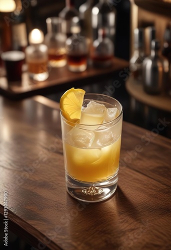 High angle view of a classic whiskey sour cocktail on the bar counter, drink, view, whiskey