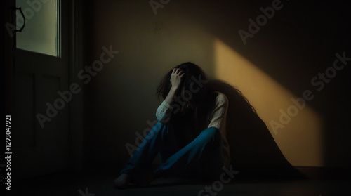 a minimalist interior photo with dim lighting, showing a girl sitting on the floor.