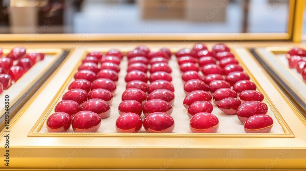 A gemstone market with rare rubies displayed in velvet-lined cases, warm golden lighting, luxurious and exotic A gemstone market with rare rubies displayed in velvet-lined cases, warm golden lighting, luxurious and exotic