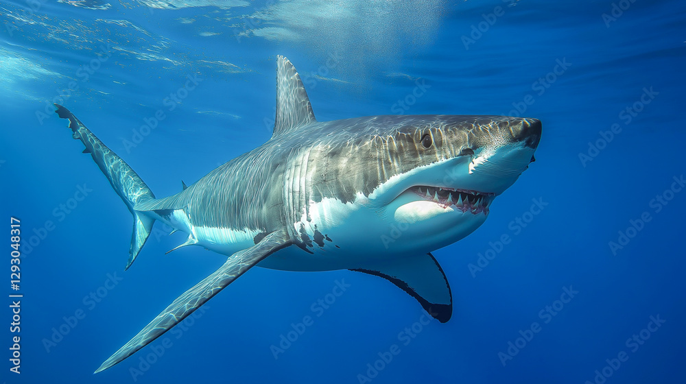 Fototapeta premium Majestic great white shark swimming gracefully in clear ocean waters during a sunny day