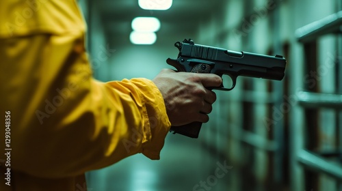 Forensic scientist holding gun in crime scene corridor