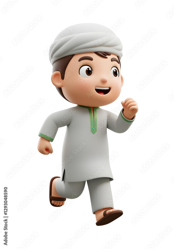 Playful 3D cartoon kid running happily in traditional clothes for Eid Playful 3D cartoon kid running happily in traditional clothes for Eid