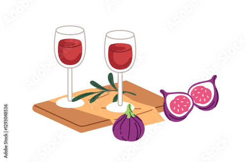 Romantic date dinner composition with two glasses of red wine and tropical fig fruit. Wineglasses of alcohol drink with exotic fresh snack, food. Flat isolated vector illustration on white background