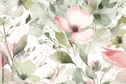  Cute daisy floral seamless watercolor pattern with watercolor black background. Flower vector illustration. Watercolor print in rustic vintage style,