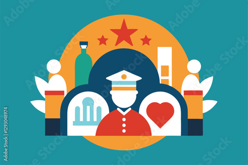 This design features symbols of safety, health, and community support through various icons, Develop a modern icon evoking a sense of hospitality and inclusivity