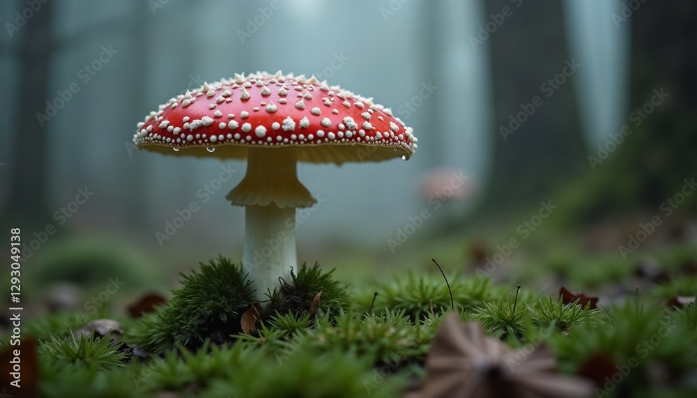Mushroom with a red cap and white spots in a misty forest setting Mushroom with a red cap and white spots in a misty forest setting