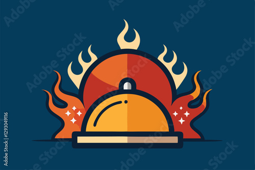 The design features a polished serving cloche surrounded by flames and decorative elements, symbolizing hospitality, Develop a polished icon reflecting the idea of hospitality and warmth