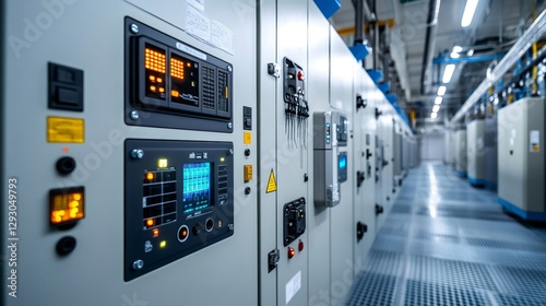 Electrical control panels showing data in industrial building