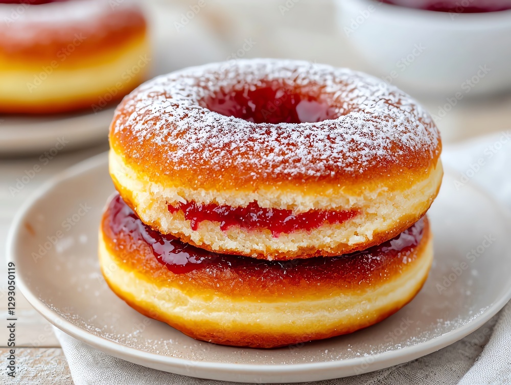 Classic jam-filled doughnut cut open, gooey and delicious, warm inviting textures Classic jam-filled doughnut cut open, gooey and delicious, warm inviting textures