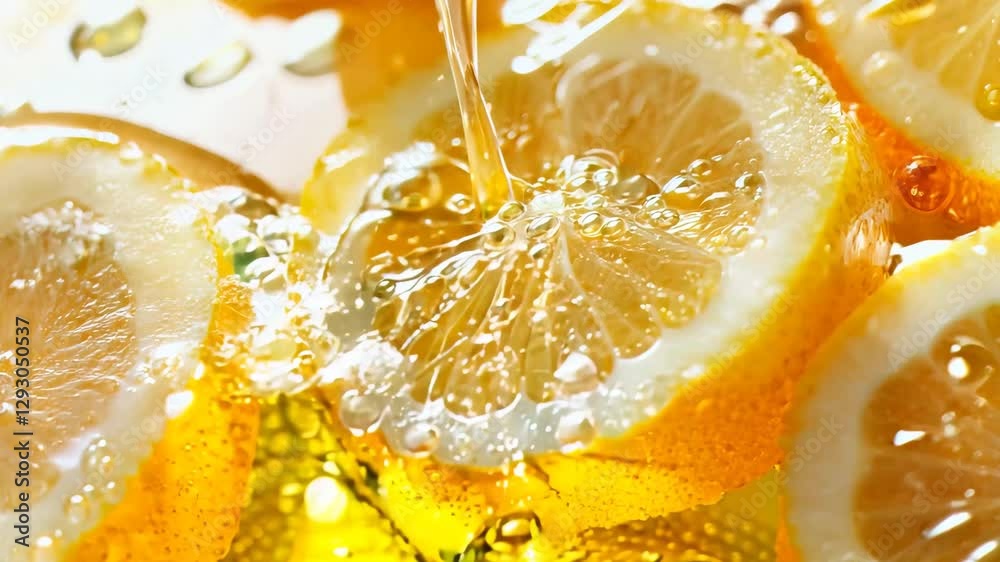 A close-up of fresh lemon slices submerged in a bubbly golden liquid, with a stream of liquid pouring in. The vibrant citrus tones and effervescent bubbles create a refreshing and invigorating visual