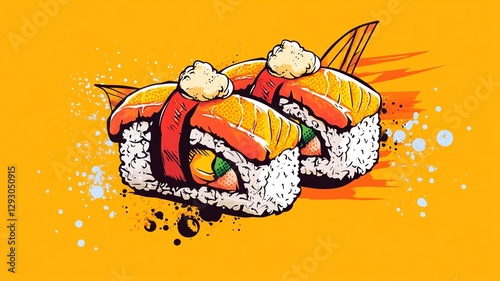 #sushi, #pop art illustration, #vibrant graphic colors, orange background