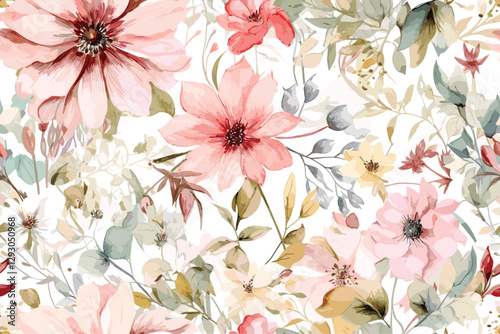  Cute daisy floral seamless watercolor pattern with watercolor black background. Flower vector illustration. Watercolor print in rustic vintage style,